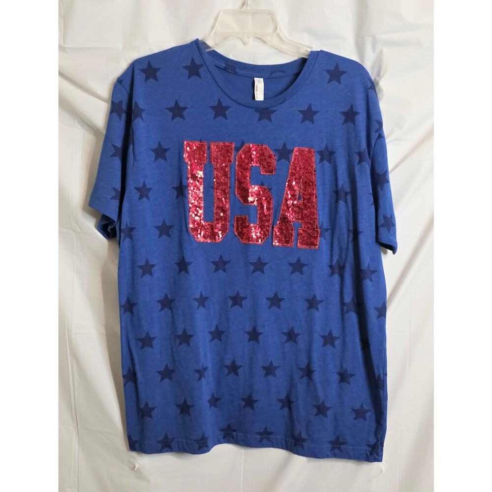 Code Five Short Sleeve Tee Women's XL Blue w/Stars Red Sequins USA Patriotic